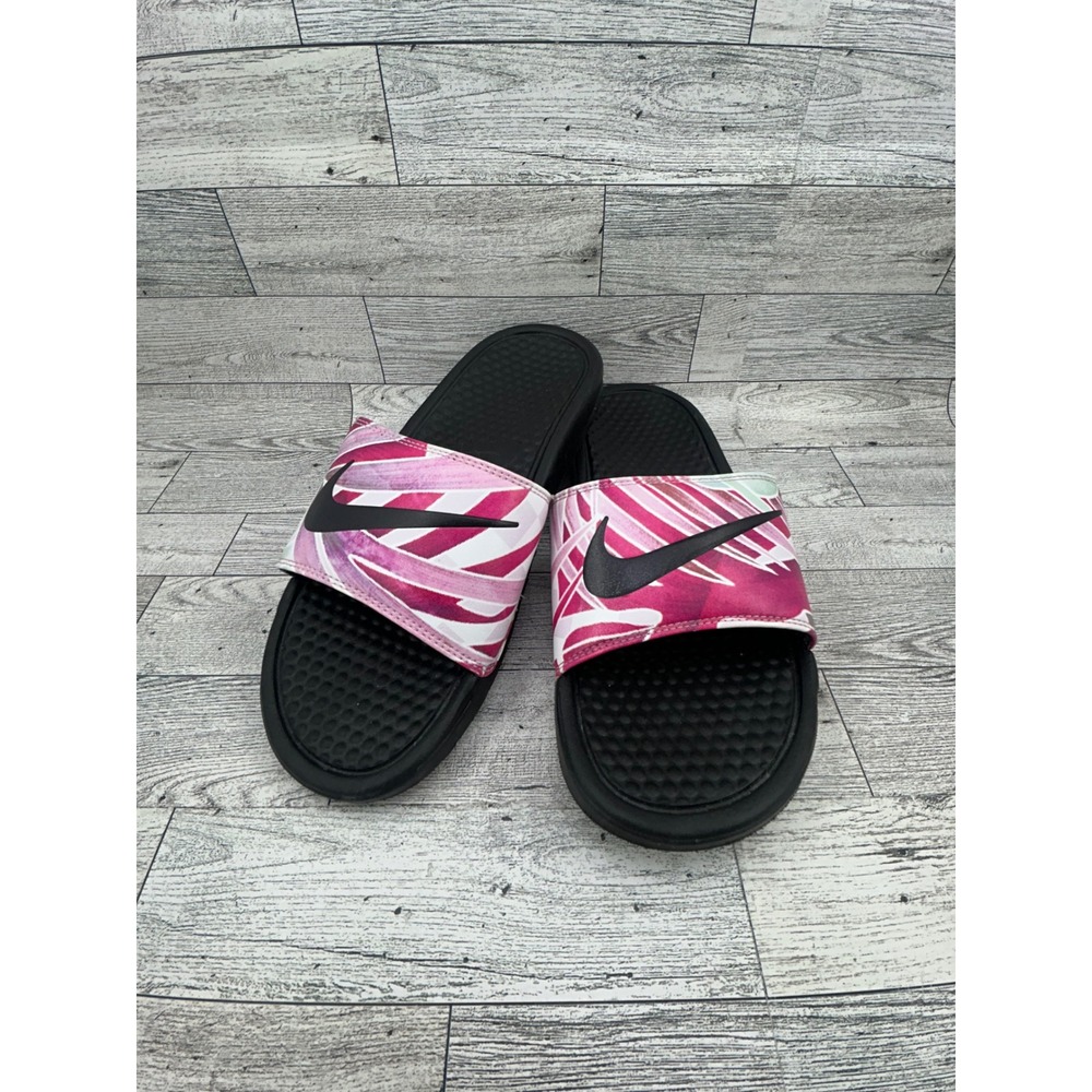 Nike Benassi JDI Floral Print‎ Slides Black Pink White Womens Size 8